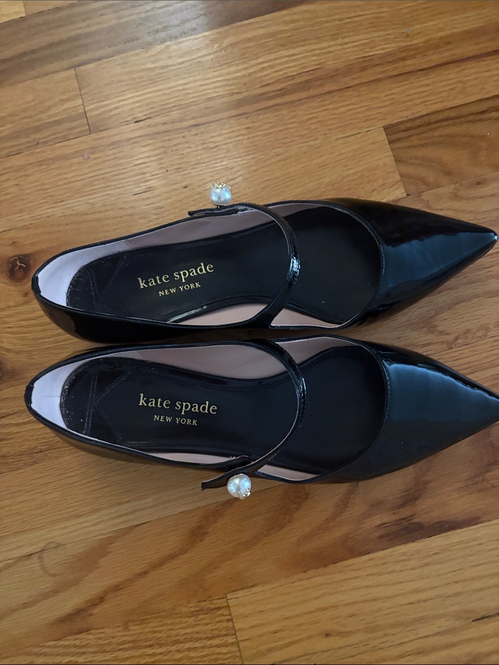 kate spade Black Patent Pointed Mary Jane Flats with Pearl Strap